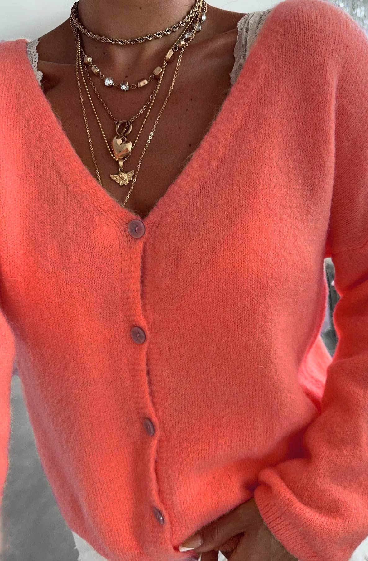 Rebecca Long Sleeves Light Knitted Cardigan-Coral