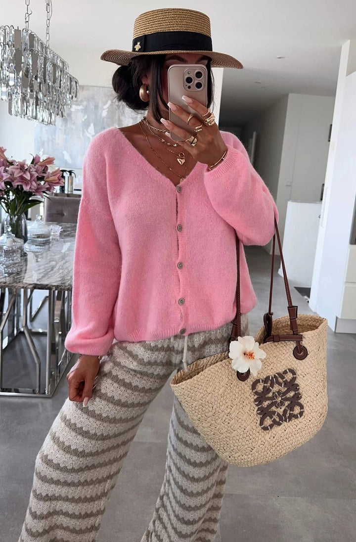 Rebecca Long Sleeves Light Knitted Cardigan-Pink