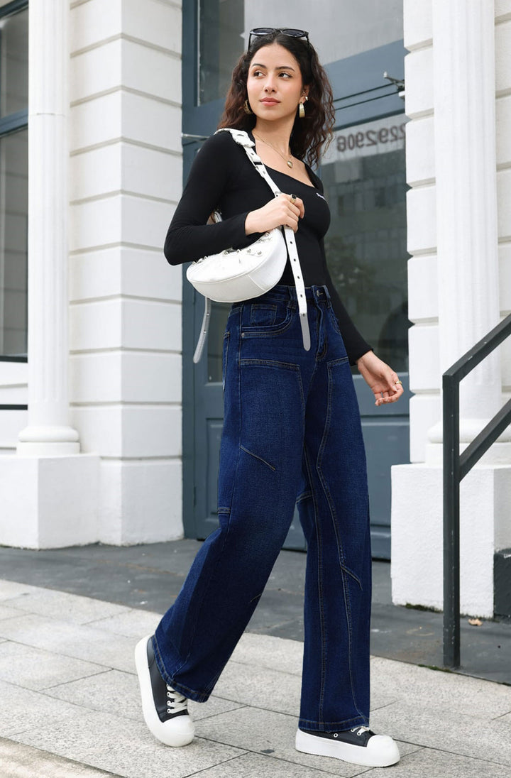 Reyka High Waist Panel Seam Balloon Denim Jeans-Dark Blue