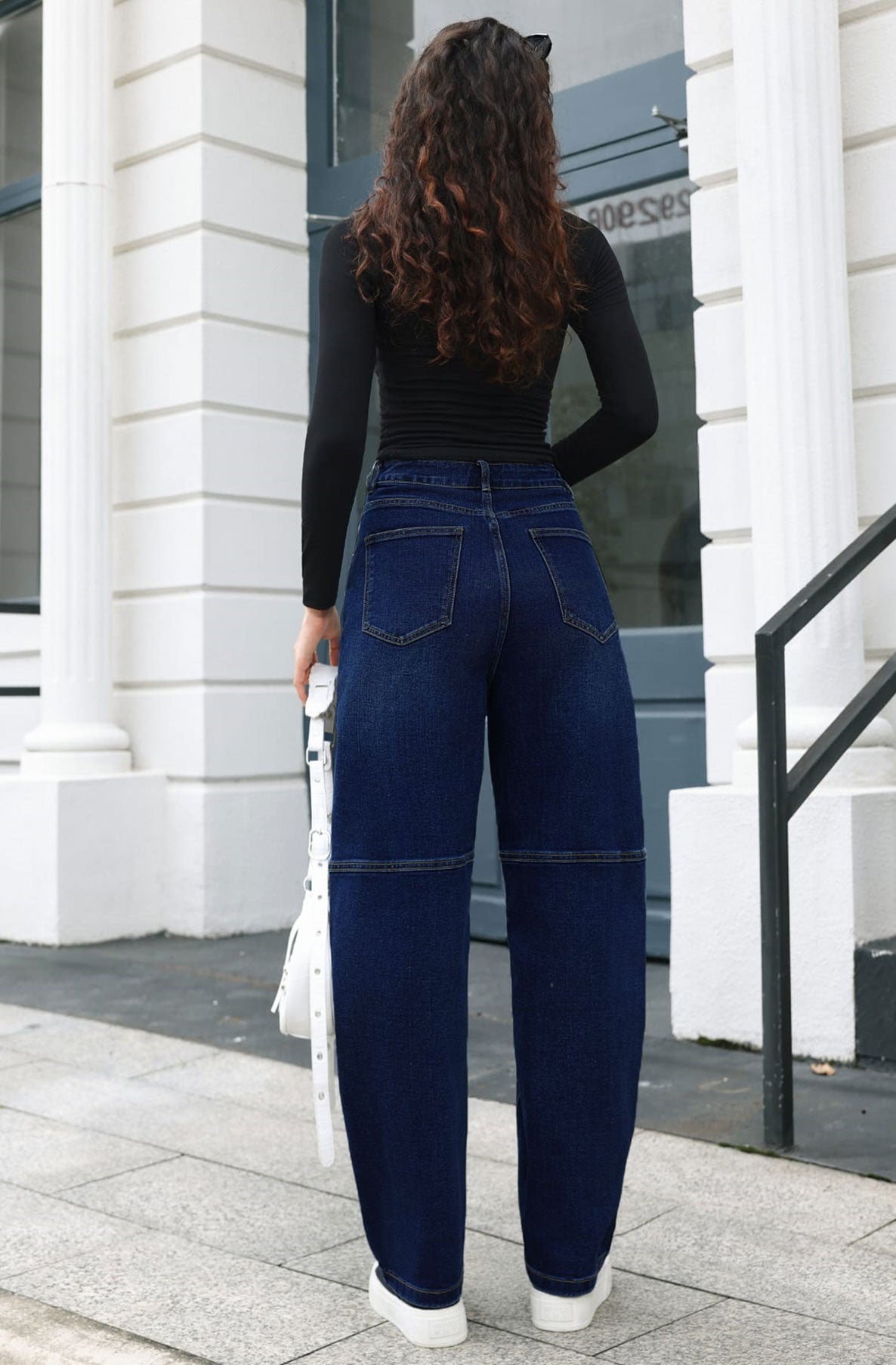 Reyka High Waist Panel Seam Balloon Denim Jeans-Dark Blue