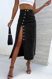 Rika Denim Button Detail Longline Midi Skirt-Black