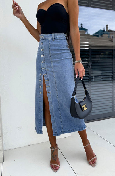 Rika Denim Button Detail Longline Midi Skirt-Blue