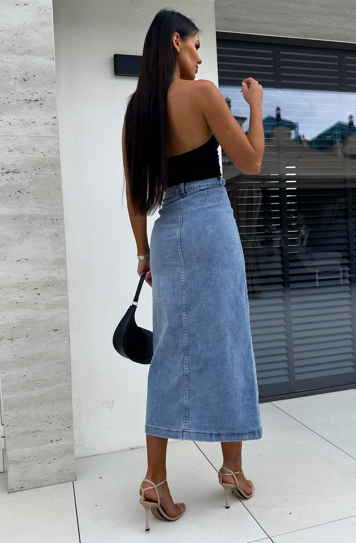 Rika Denim Button Detail Longline Midi Skirt-Blue