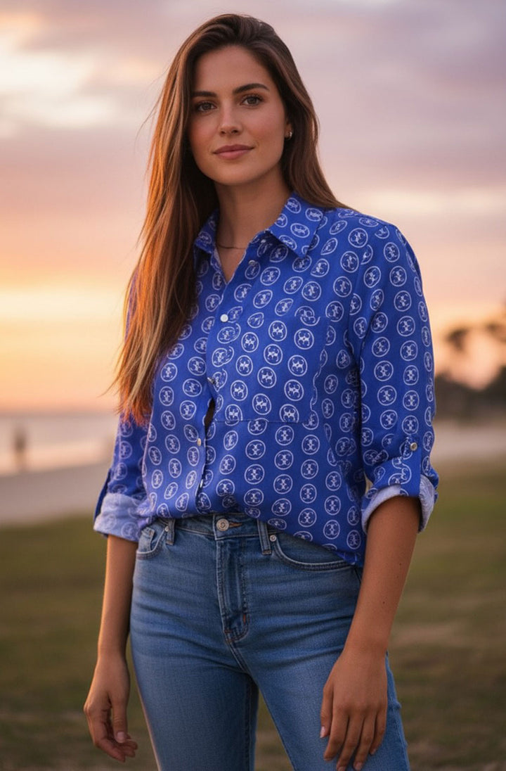 Riviera Patterned Button Shirt Blouse-Royal Blue