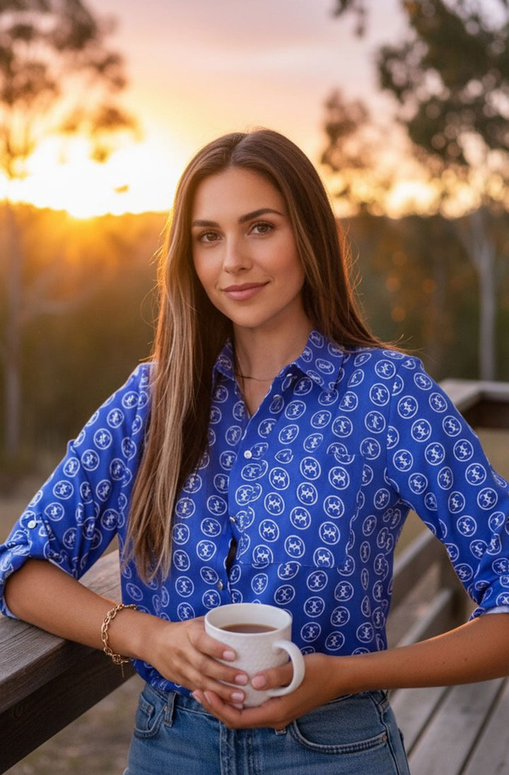 Riviera Patterned Button Shirt Blouse-Royal Blue