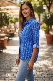 Riviera Patterned Button Shirt Blouse-Royal Blue