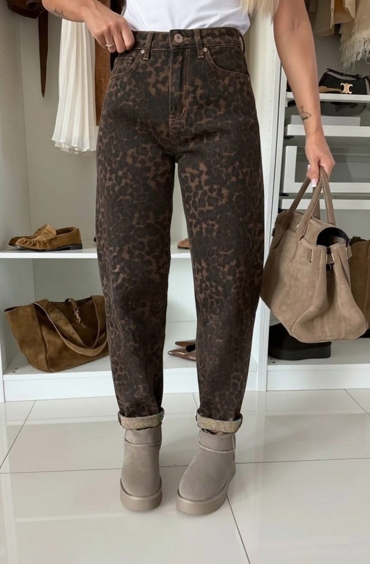 Rocco Leopard High Waisted Balloon Denim Jeans-Brown