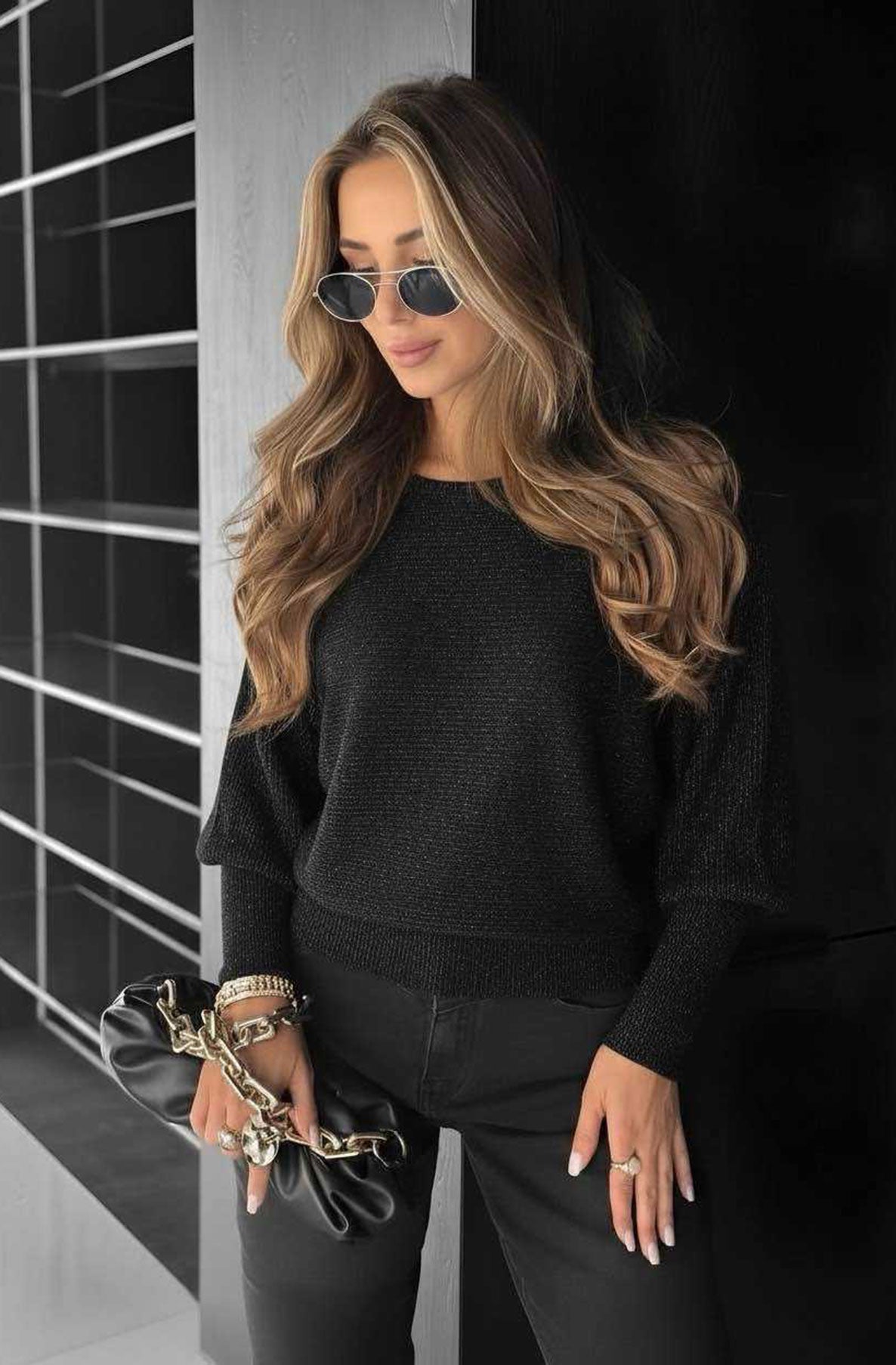 Rori Shimmer Light Knitted Jumper Top-Black