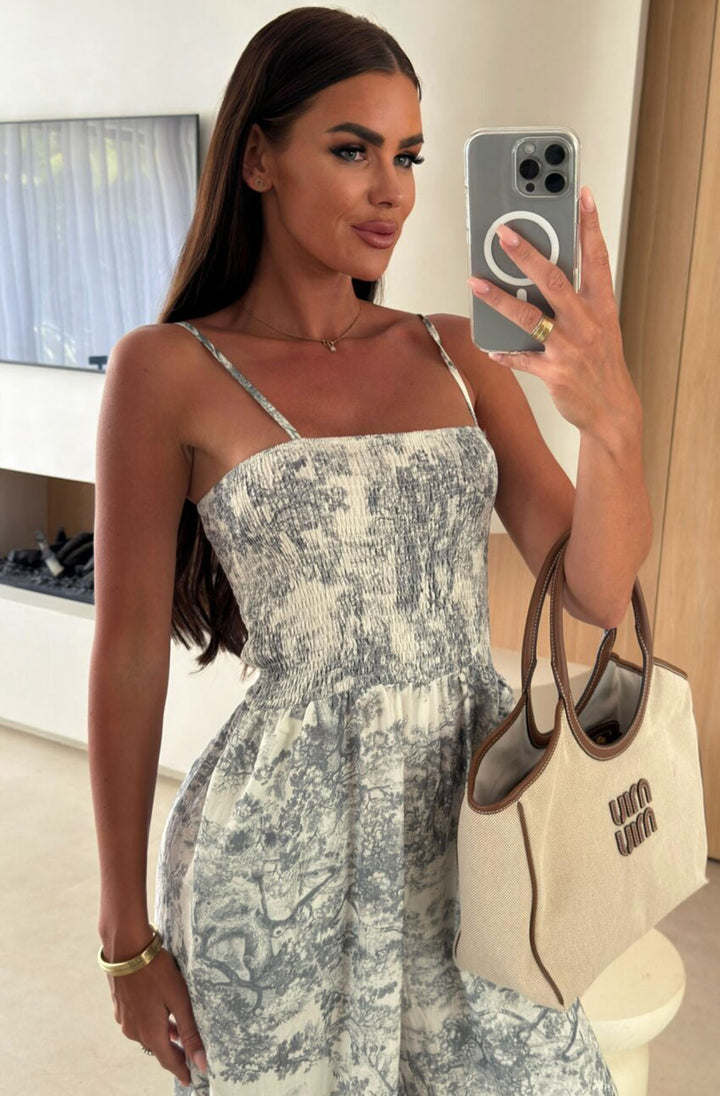 Rosetta Floral Shirred Wide Leg Jumpsuit-Grey