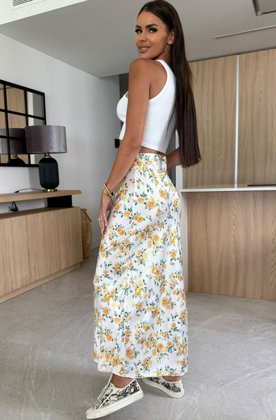 Rosie Floral Satin Midaxi Skirt-Yellow