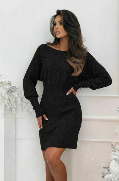 Rosy Batwing Knit Shimmer Dress-Black