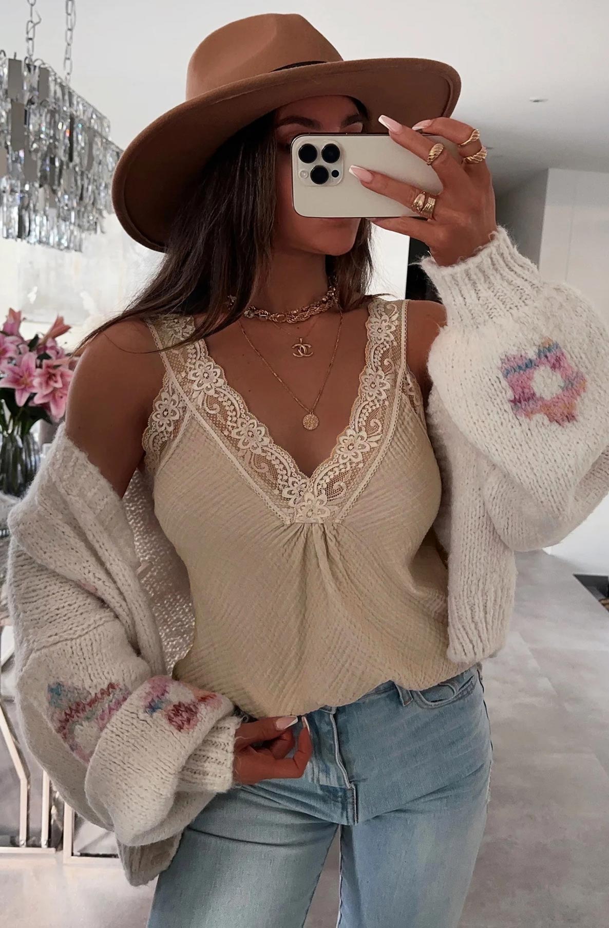 Ruby Cotton Gauze Style Delicate Lace Camisole Vest Top-Stone