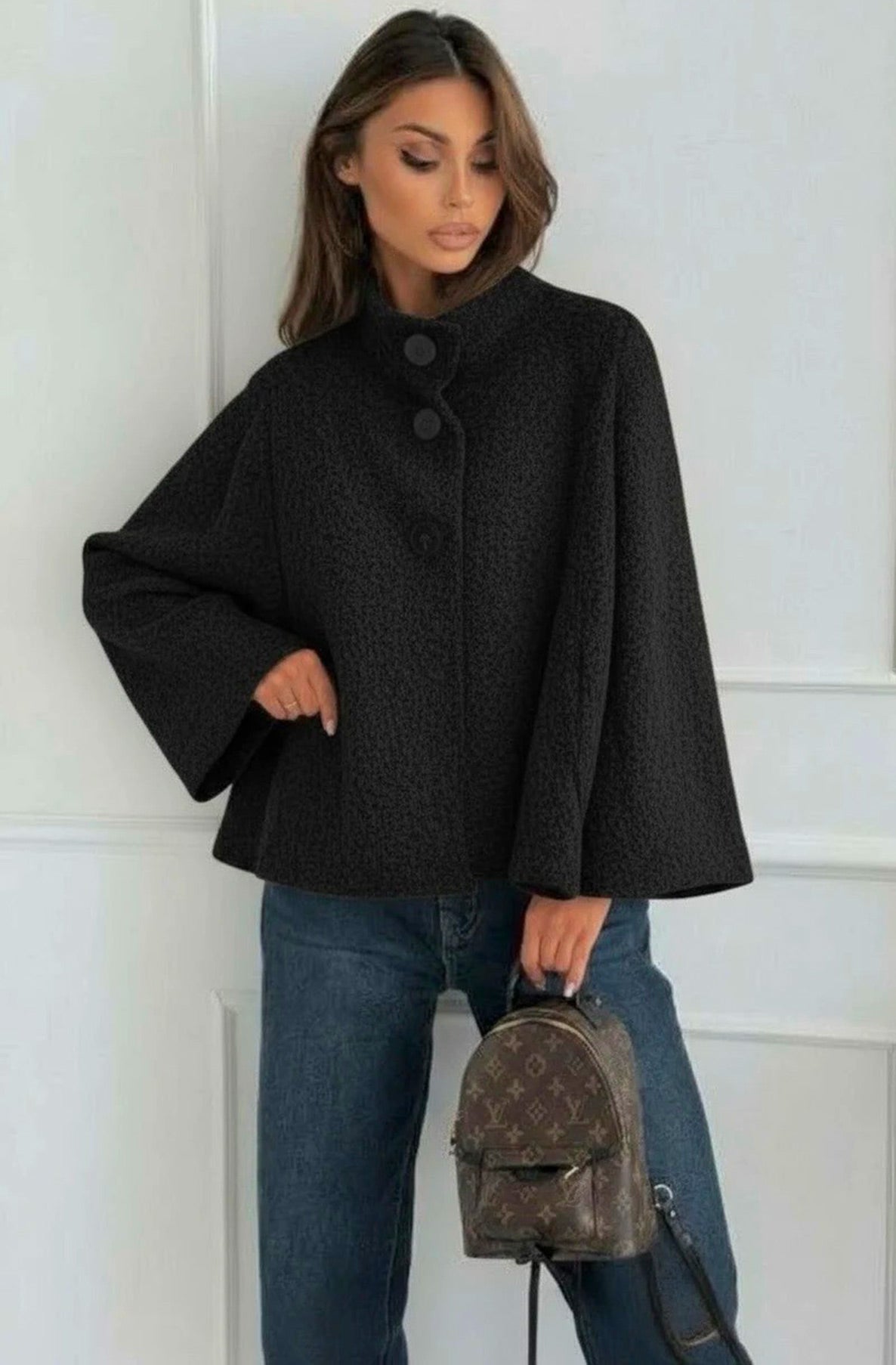 Rumi Bell Sleeve Bouclé Poncho Jacket-Black