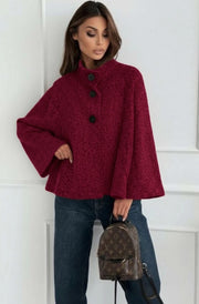 Rumi Bell Sleeve Bouclé Poncho Jacket-Wine