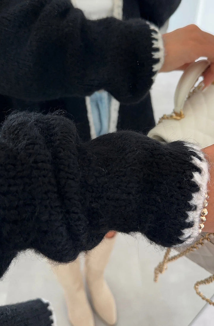 Sadie Contrast Knitted Cardigan-Black