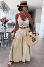 Sahara Cotton Gauze Style Tiered Maxi Skirt-Beige