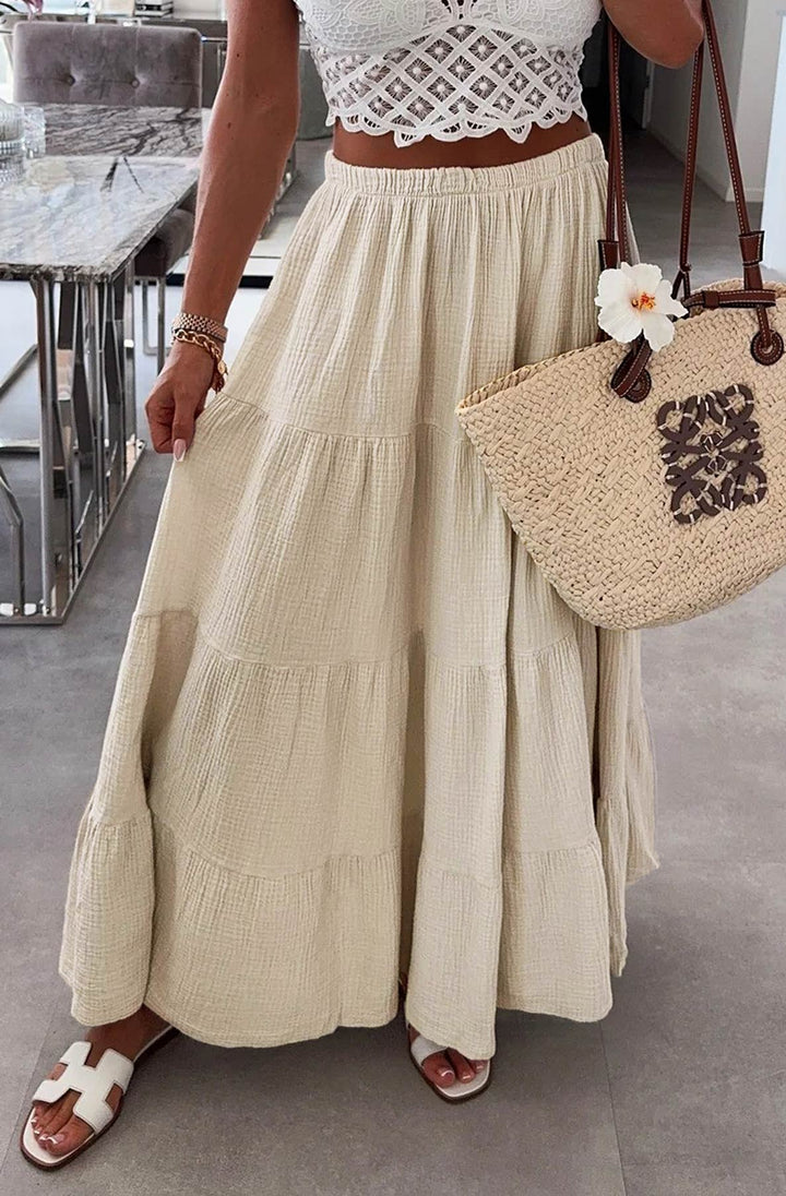 Sahara Cotton Gauze Style Tiered Maxi Skirt-Beige