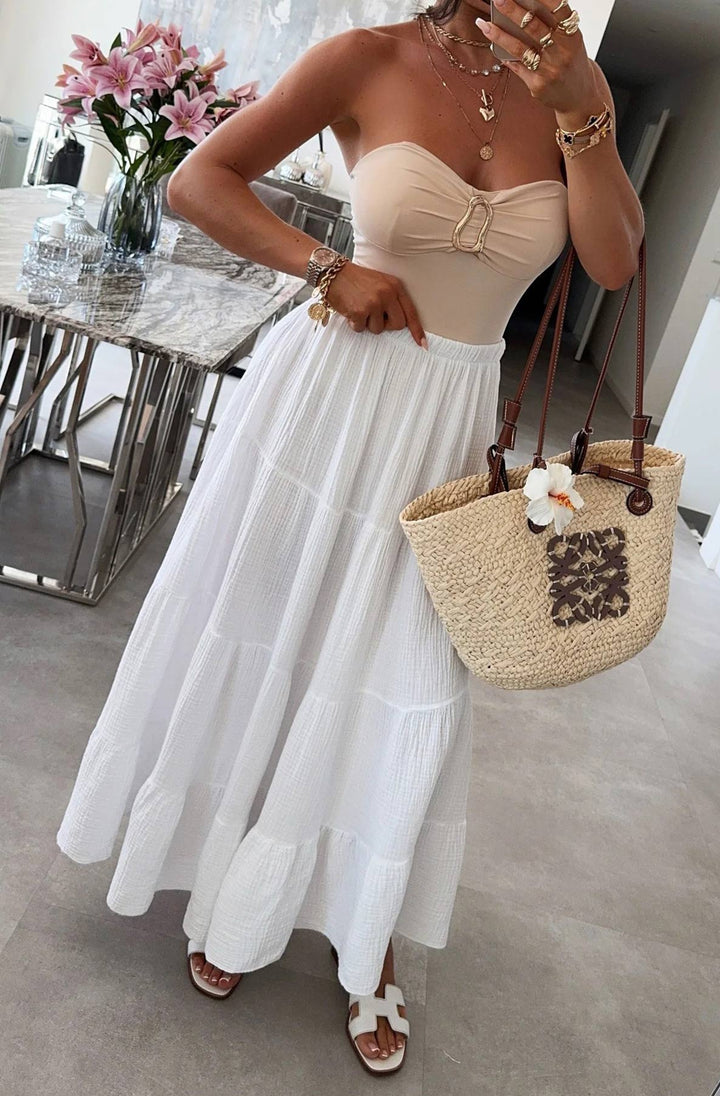 Sahara Cotton Gauze Style Tiered Maxi Skirt-Ivory