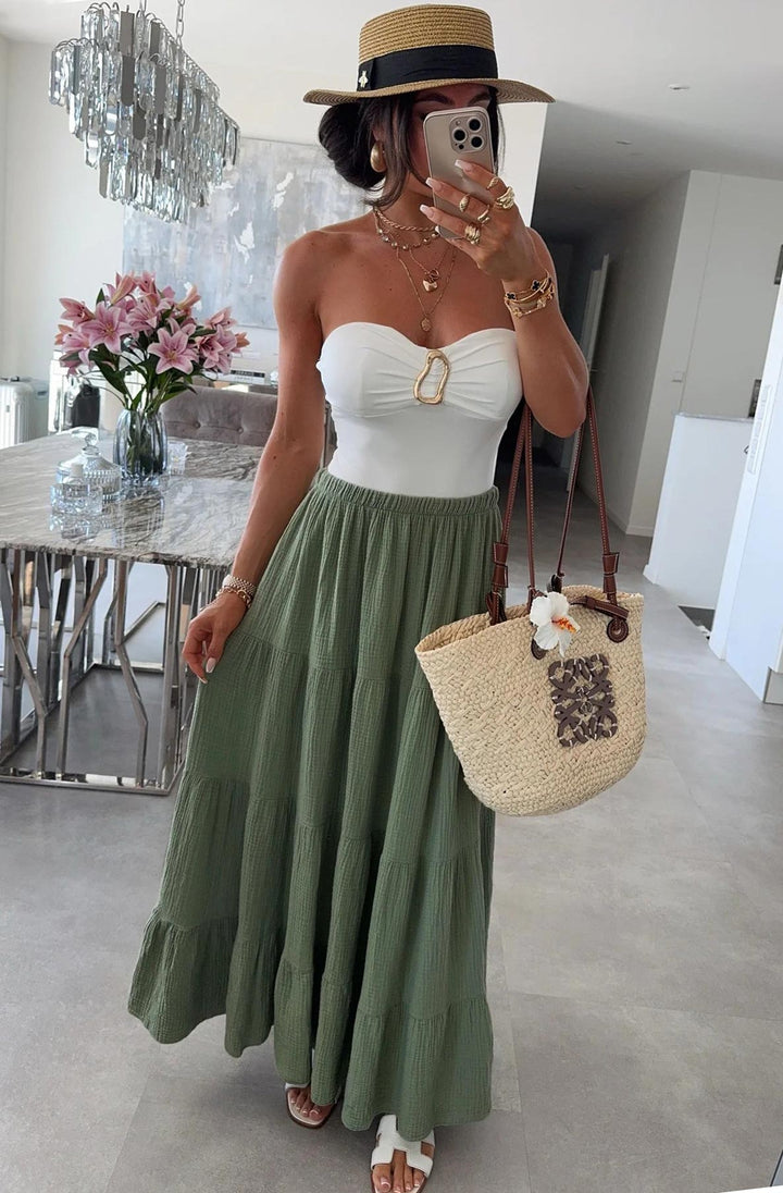 Sahara Cotton Gauze Style Tiered Maxi Skirt-Khaki