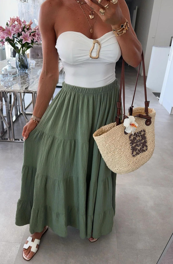 Sahara Cotton Gauze Style Tiered Maxi Skirt-Khaki