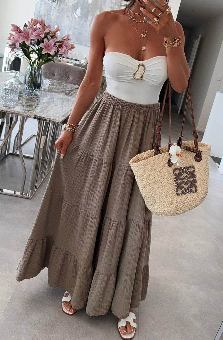 Sahara Cotton Gauze Style Tiered Maxi Skirt-Mocha