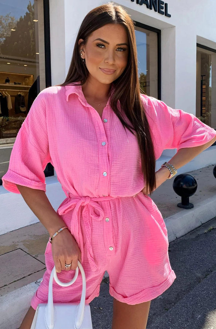 Sallie Belted Cotton Gauze Style Playsuit-Pink