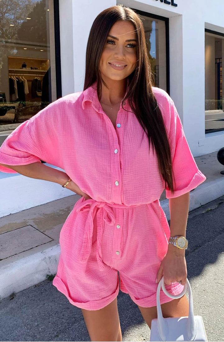 Sallie Belted Cotton Gauze Style Playsuit-Pink