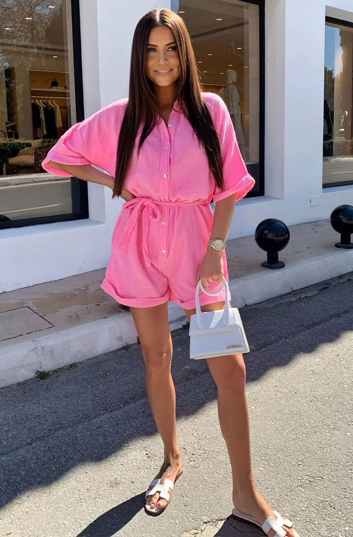 Sallie Belted Cotton Gauze Style Playsuit-Pink
