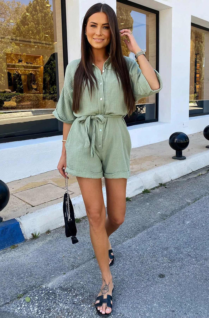Sallie Belted Cotton Gauze Style Playsuit-Sage