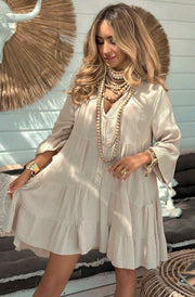 Samantha Cotton Gauze Style Smock Dress-Stone