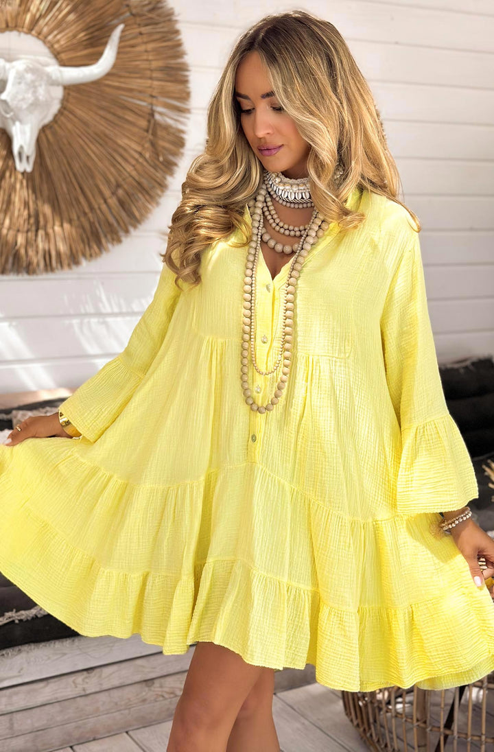 Samantha Cotton Gauze Style Smock Dress-Yellow