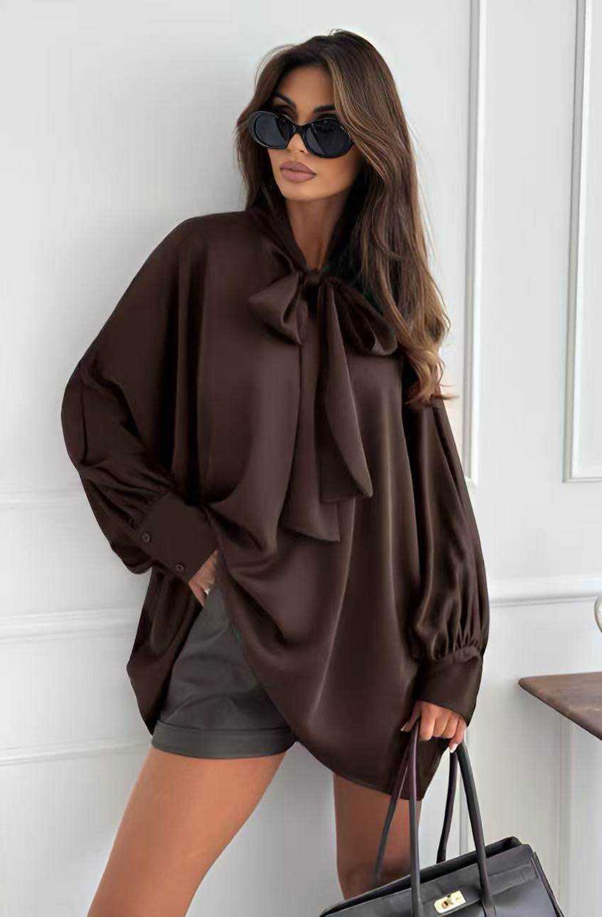 Samira 'BOW' Oversized Satin Blouse Top-Chocolate
