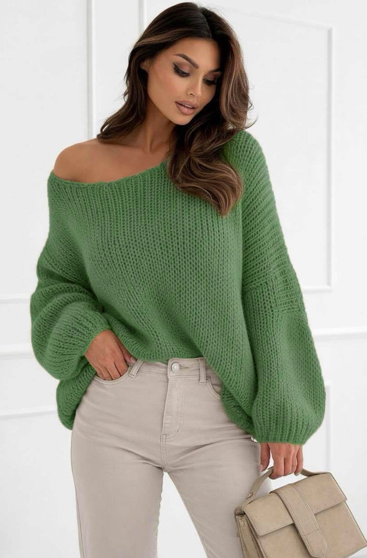 Sena Oversized Off Shoulder Knitted Sweater Jumper Top-Khaki