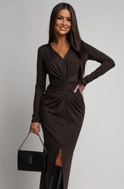 Serena Ruched Bodycon Midaxi Dress-Chocolate