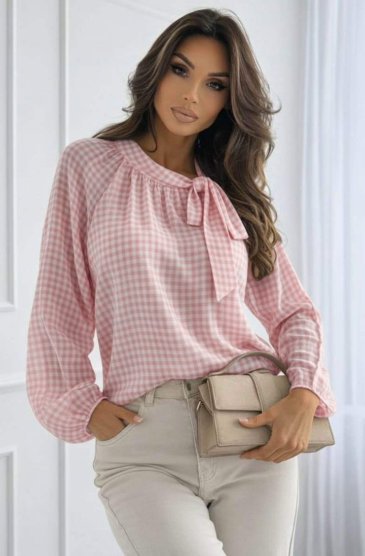 Sia Sheer Gingham Tie-Neck Blouse Top-Dusty Pink