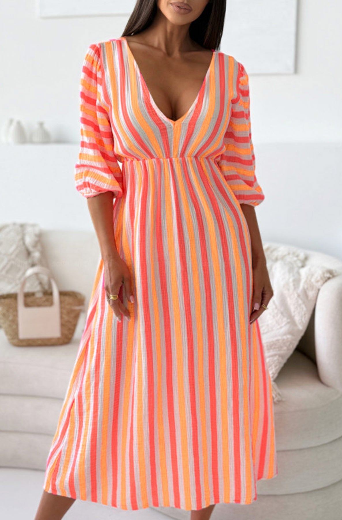 Silvia Striped Cotton Gauze Style Midaxi Dress-Orange