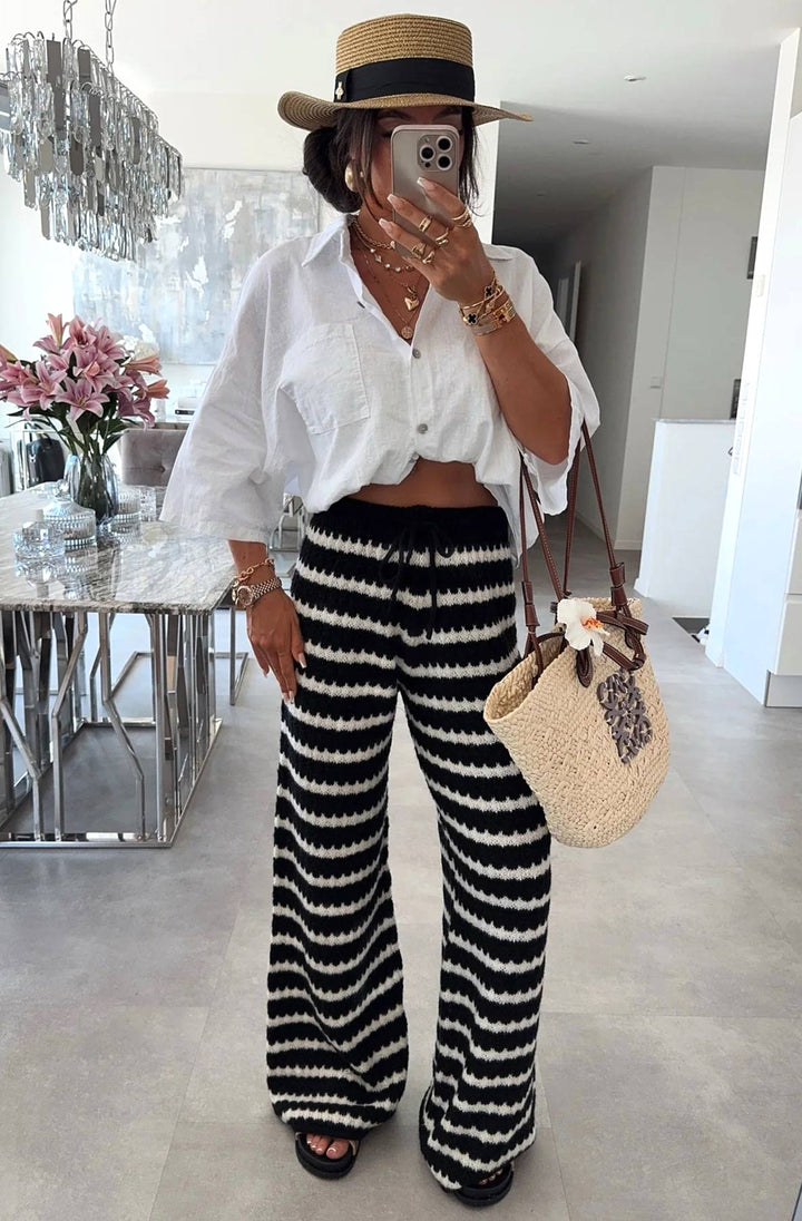 Simone Striped Knitted Wide Leg Trousers-Black