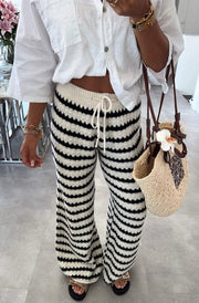Simone Striped Knitted Wide Leg Trousers-Ivory