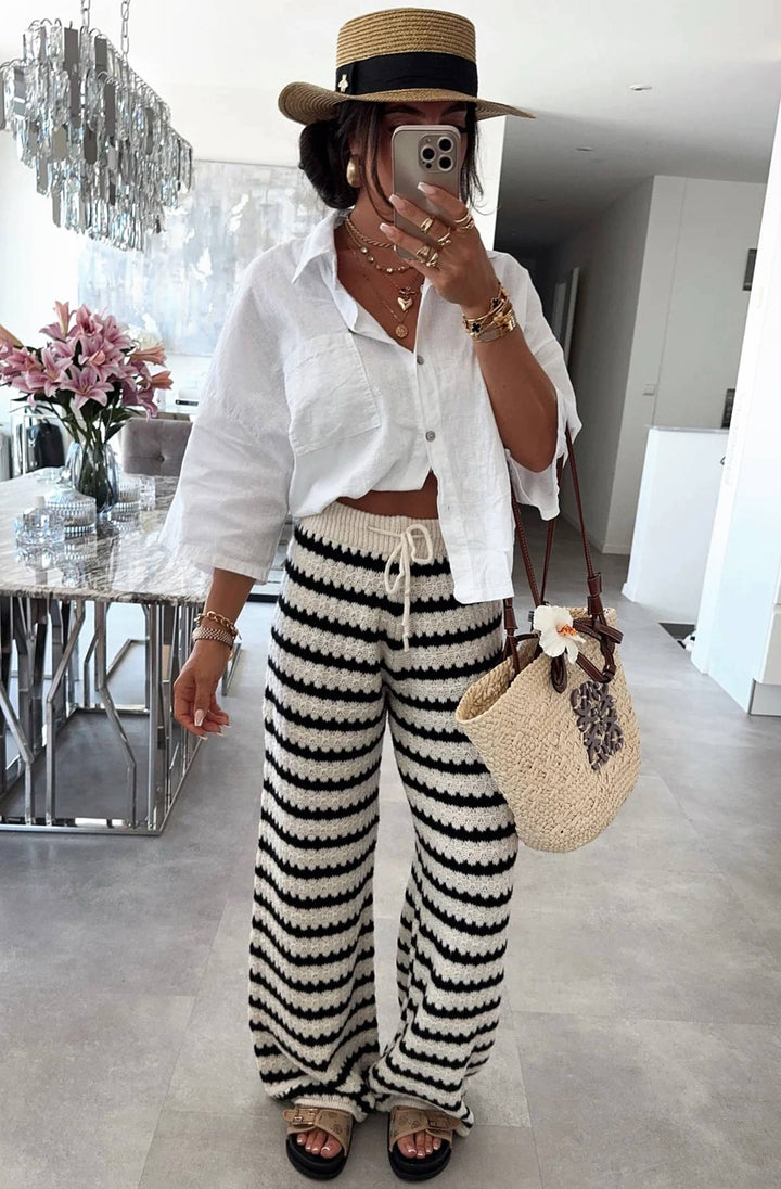 Simone Striped Knitted Wide Leg Trousers-Ivory