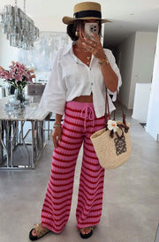Simone Striped Knitted Wide Leg Trousers-Pink