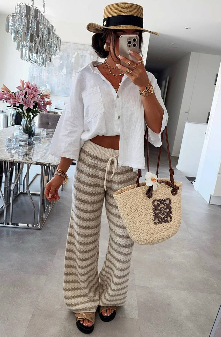Simone Striped Knitted Wide Leg Trousers-Stone