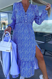 Skylar Ditsy Print Side Slit Midaxi Dress-Blue