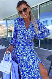 Skylar Ditsy Print Side Slit Midaxi Dress-Blue