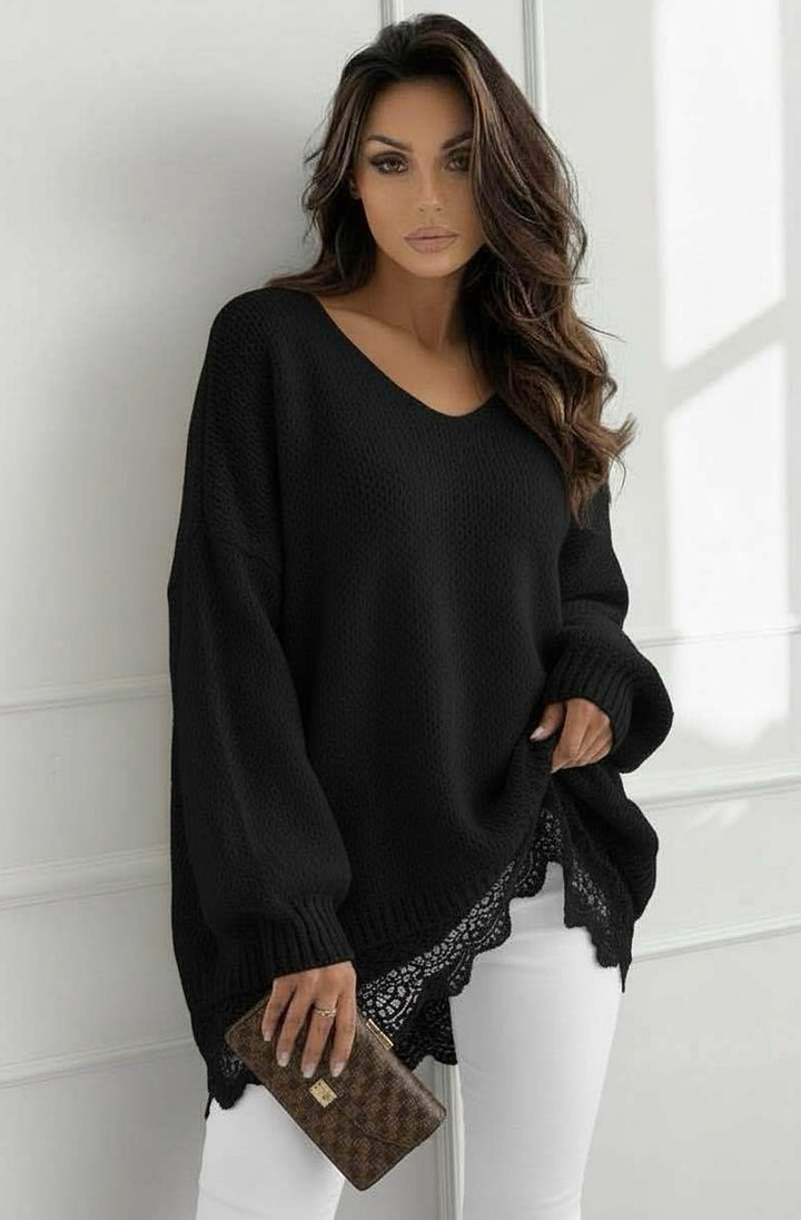 Sola Oversize V Neck Lace Hem  Knitted Sweater Jumper-Black