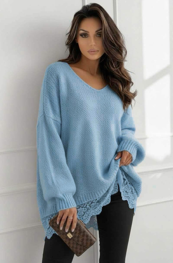 Sola Oversized V Neck Lace Hem  Knitted Sweater Jumper-Blue