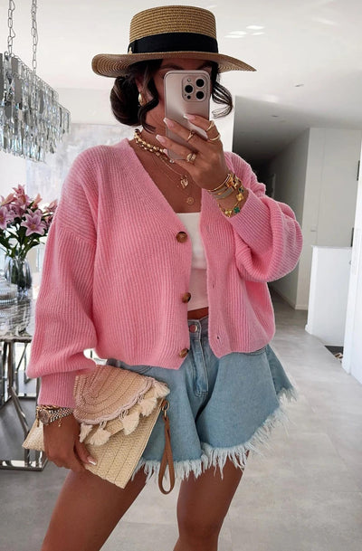 Sophie Melange Style Knitted Cardigan-Pink