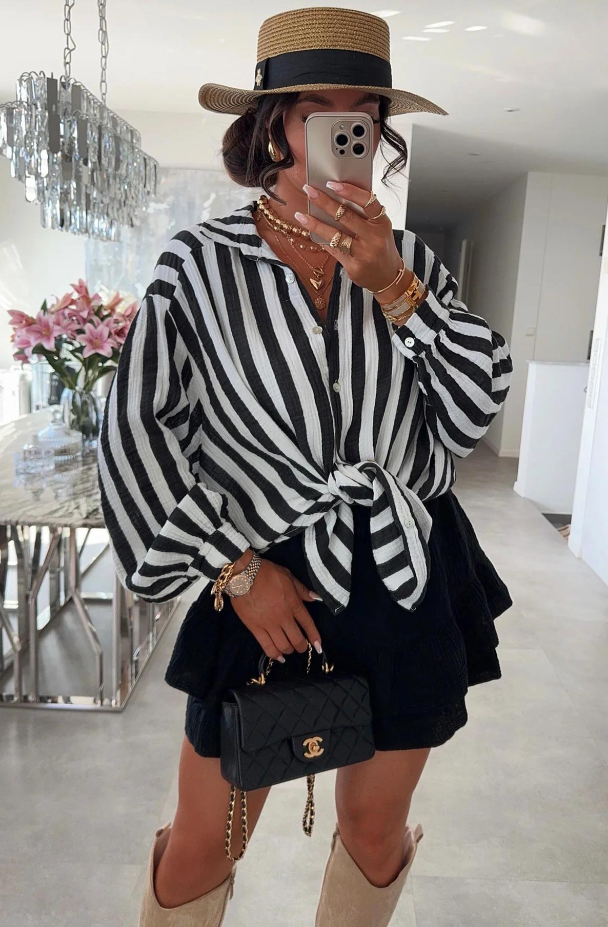 Stacey Striped Oversized Cotton Gauze Style Shirt Top-Black