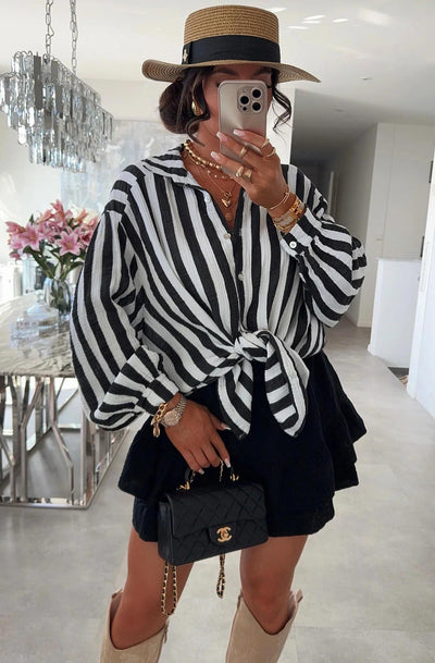 Stacey Striped Oversized Cotton Gauze Style Shirt Top-Black