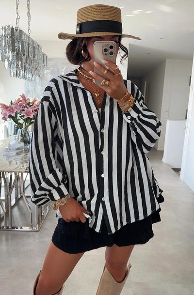 Stacey Striped Oversized Cotton Gauze Style Shirt Top-Black
