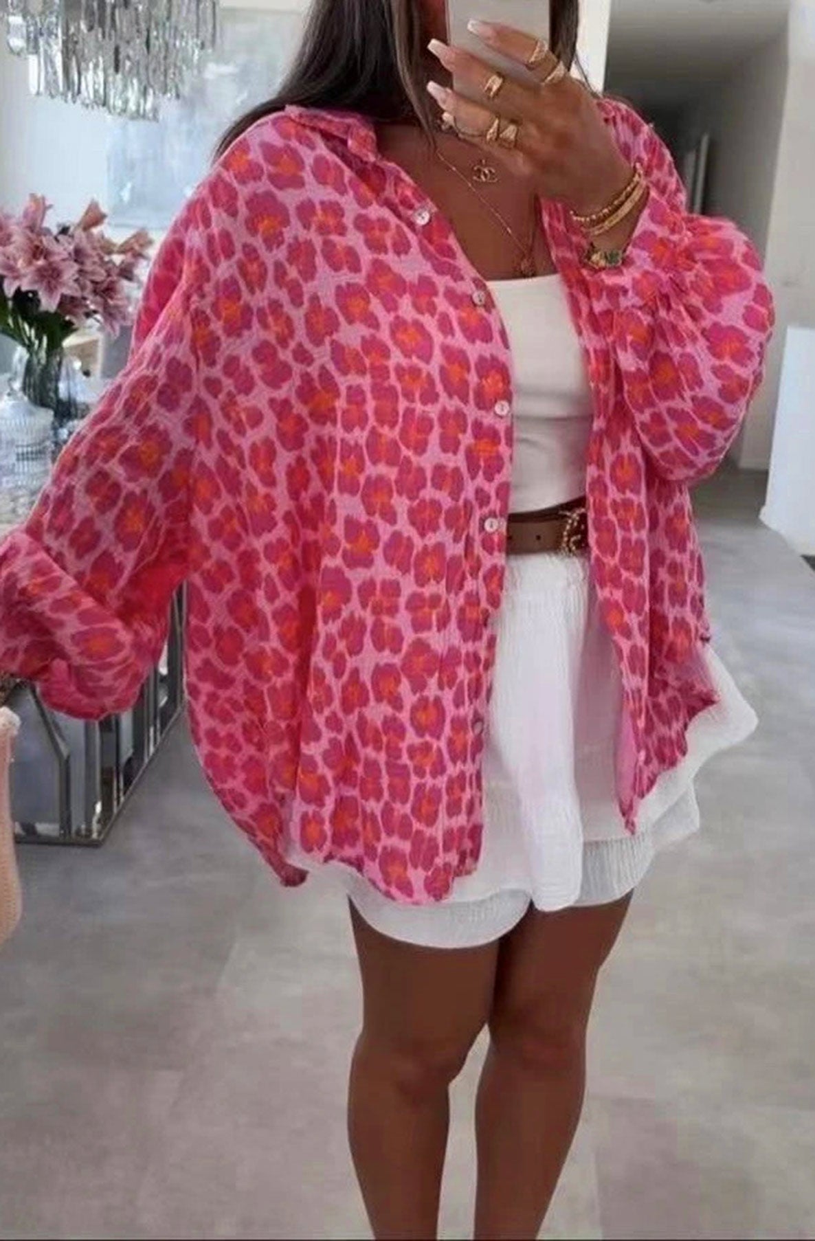 Stacey Animal Oversized Cotton Gauze Style Shirt Top-Pink